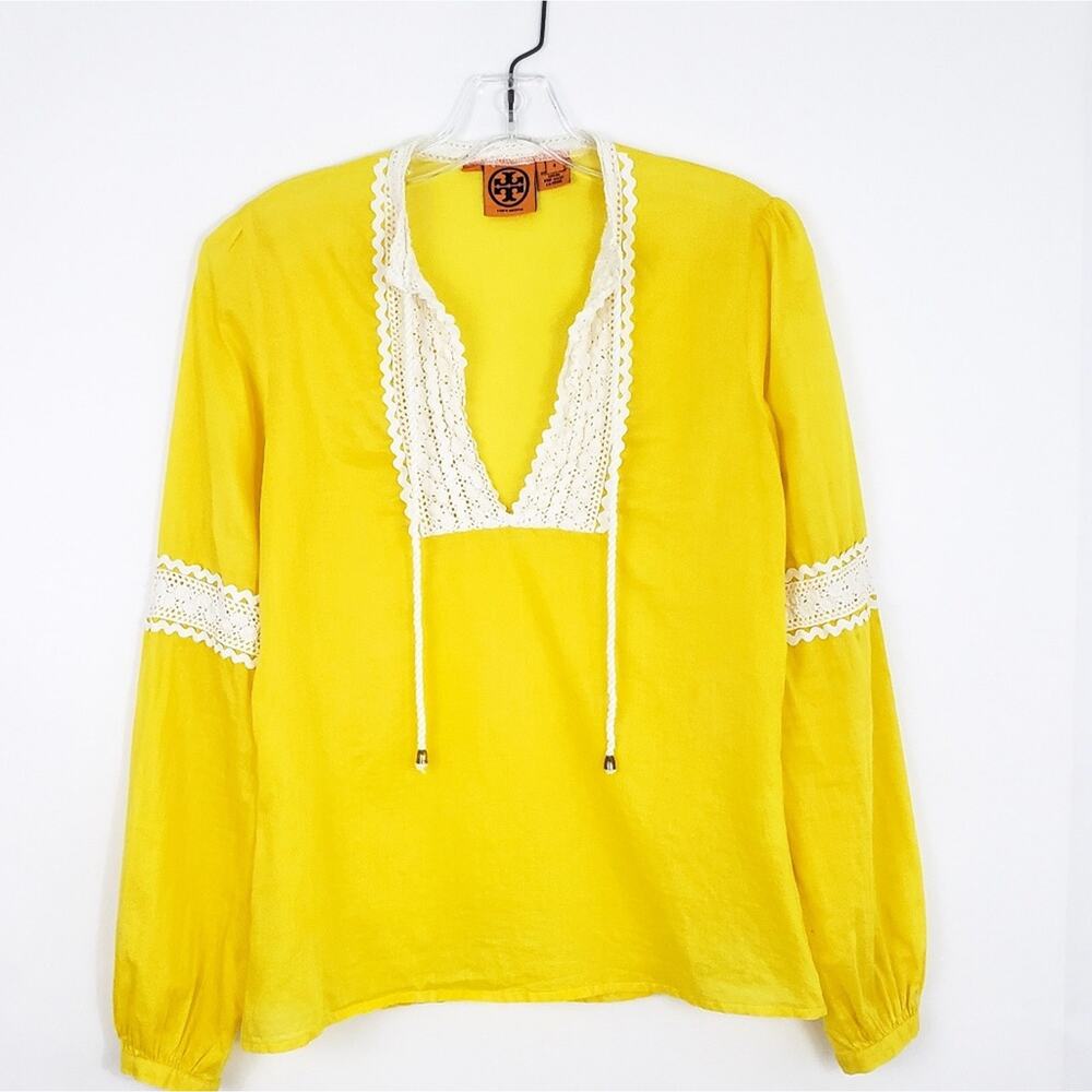 Tory Burch Bailey Top Yellow Crochet Shirt Size 4 Embellished Blouse, Detail Tie